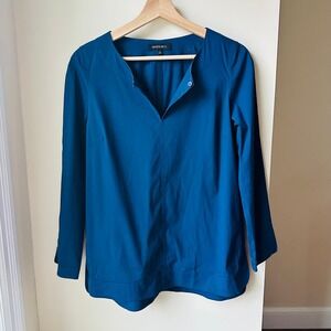 Lafayette 148 New York Navy Blue Cotton Stretch Split Neck Tunic Blouse Size 2